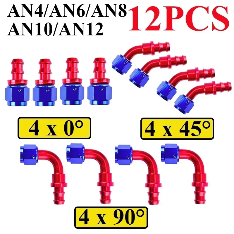 12Pcs Uuiversal Aluminum AN4 AN6 AN8 AN10 AN12 Car Oil Fuel Fittings Oil Fuel Push On Hose 0 90 45 Degree Rubber Tube Hose End