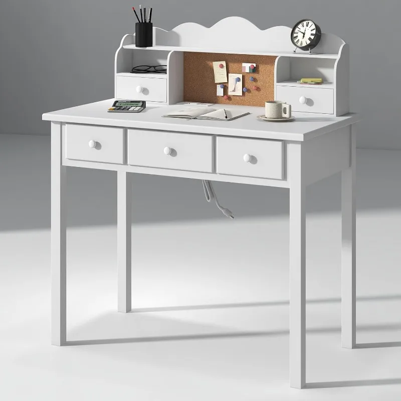 Home Office Furniture Writing Desk,Computer Work Station with Detachable Hutch,5 Drawers(White)