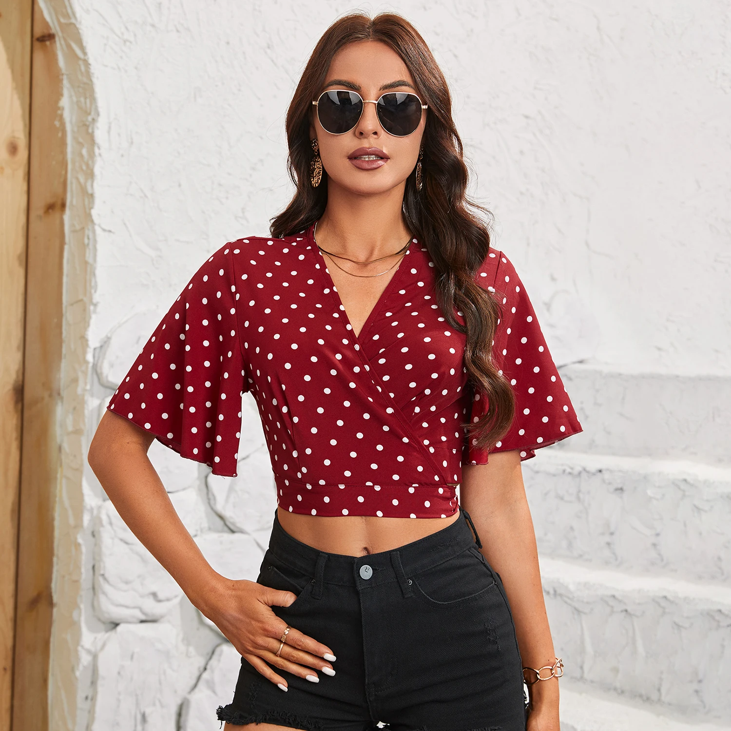 

Elegant Back Bandage Women's Crop Top Ruffled Sleeves Retro Polka Dot Chiffon Fashion Shirt for Ladies