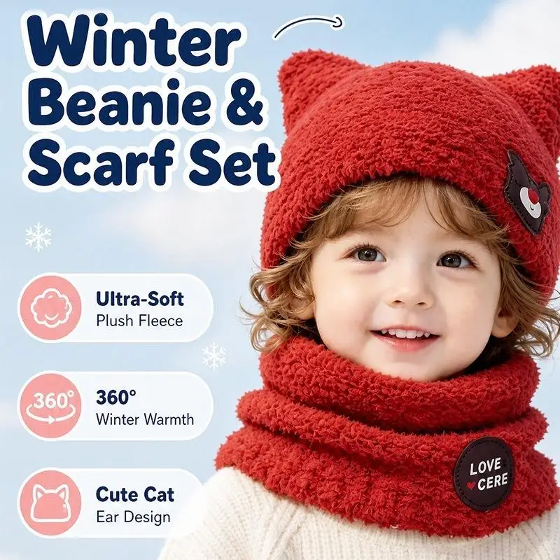 2 In 1 Toddler Winter Beanie Scarf Set Ultra Soft Plush: Fleece Cute Cat Ear Design Cold Weather