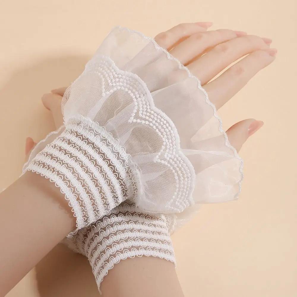 Cute Double Layer Lace Fake Cuffs Pleated Flower Horn Cuffs Decoration All-match Elastic Lace Sleeve Shirt Decoration