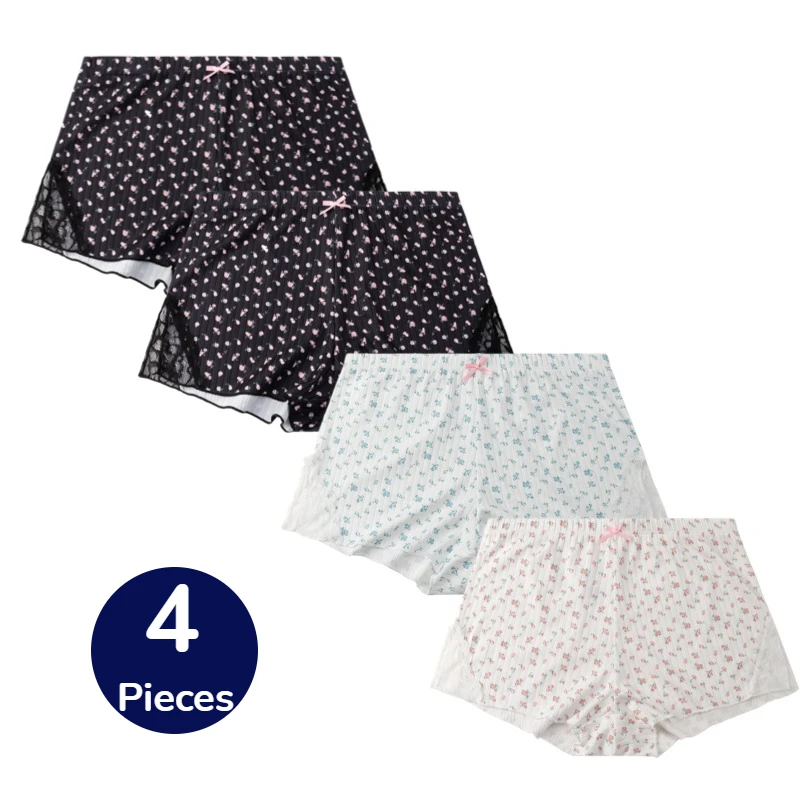 BZEL 4 Stück/Set Neue Modische Bedruckte Damen-Boxershorts mit Mittelhohem Bund Süße Spitze Übergröße Atmungsaktive Bequeme Boyshorts im Angebot