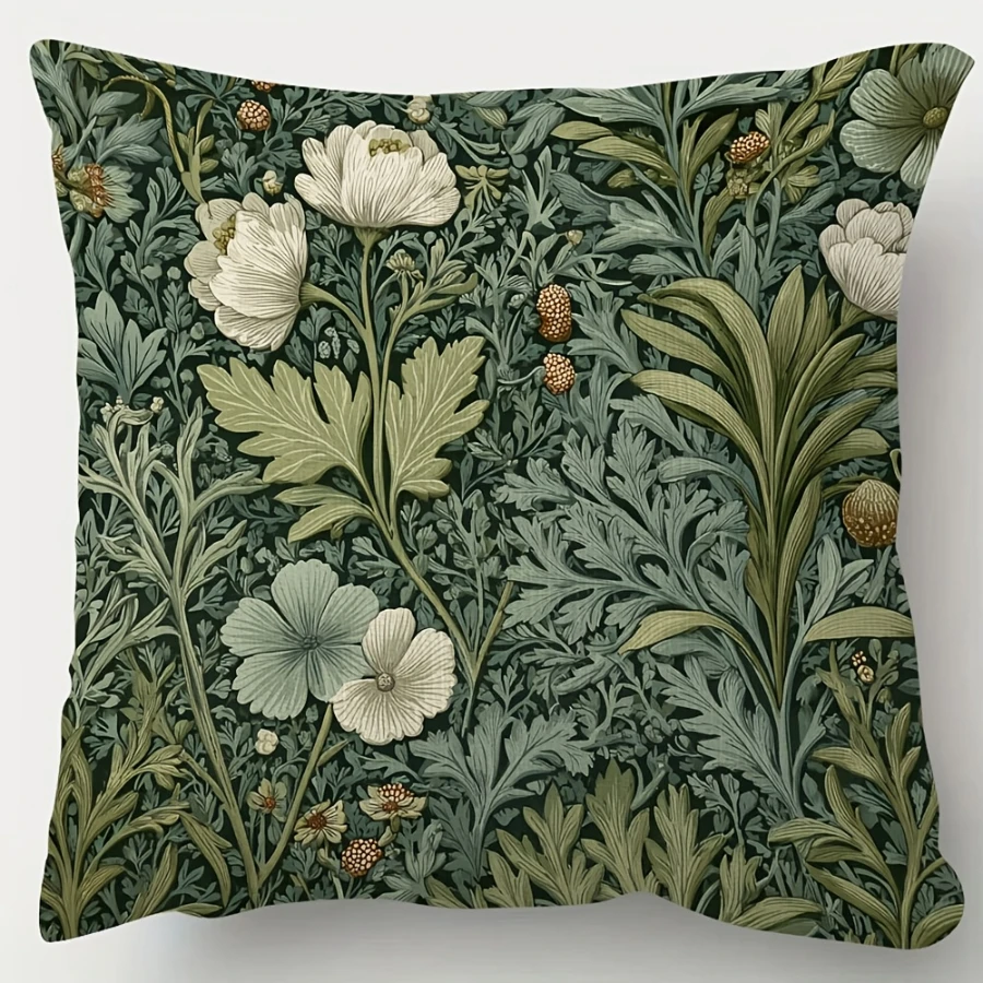 1PC Digital Print Pillow Cover Cushion Cover Green Floral Cluster Vintage Botanical William Morris Decorative Throw Pillow Case