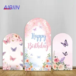 Happy Birthday Arch Backdrop Cover Pink Blue Flowers Butterfly Girl 1 Year Party Decor Cake Table Portrait Photozone Background