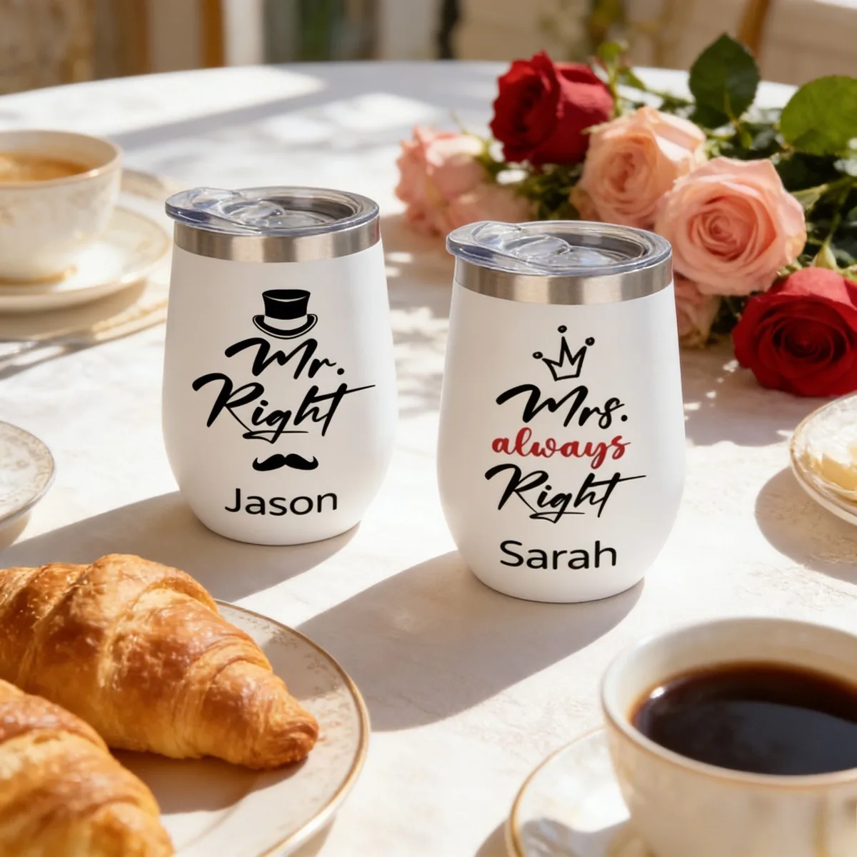Personalized Mr Right Mrs Always Right Wine Tumbler Set Custom Name Stainless Steel Egg Cup With Lid Wedding Anniversary Gift.