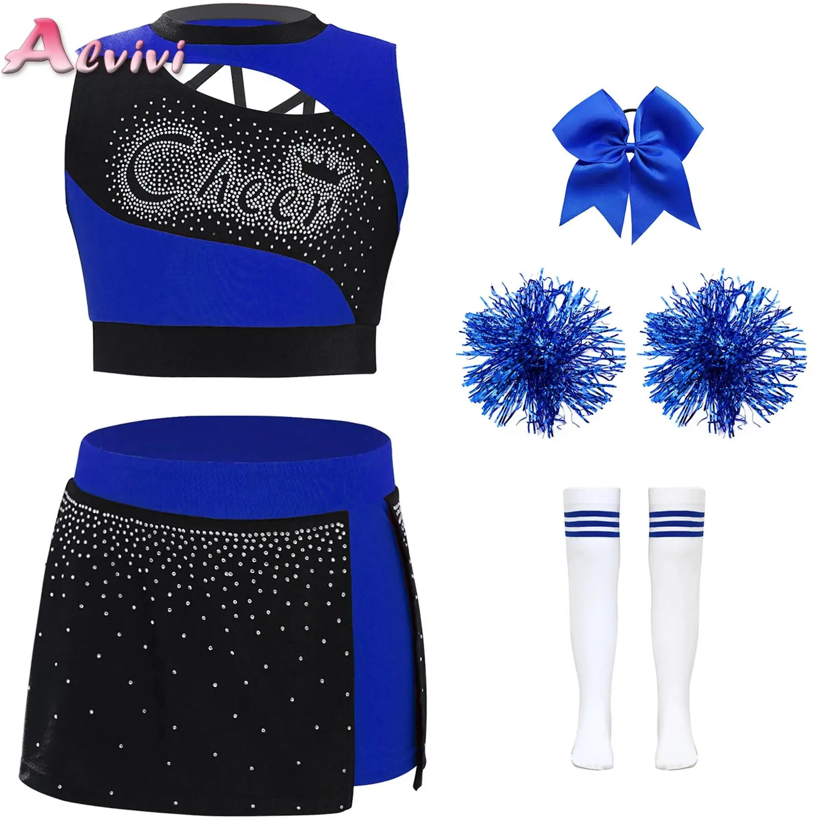 

Kids Girls Cheerleading Performance Outfit Sleeveless Cutout Rhinestones Crop Top with Skirt Headwear Flower Balls and Socks