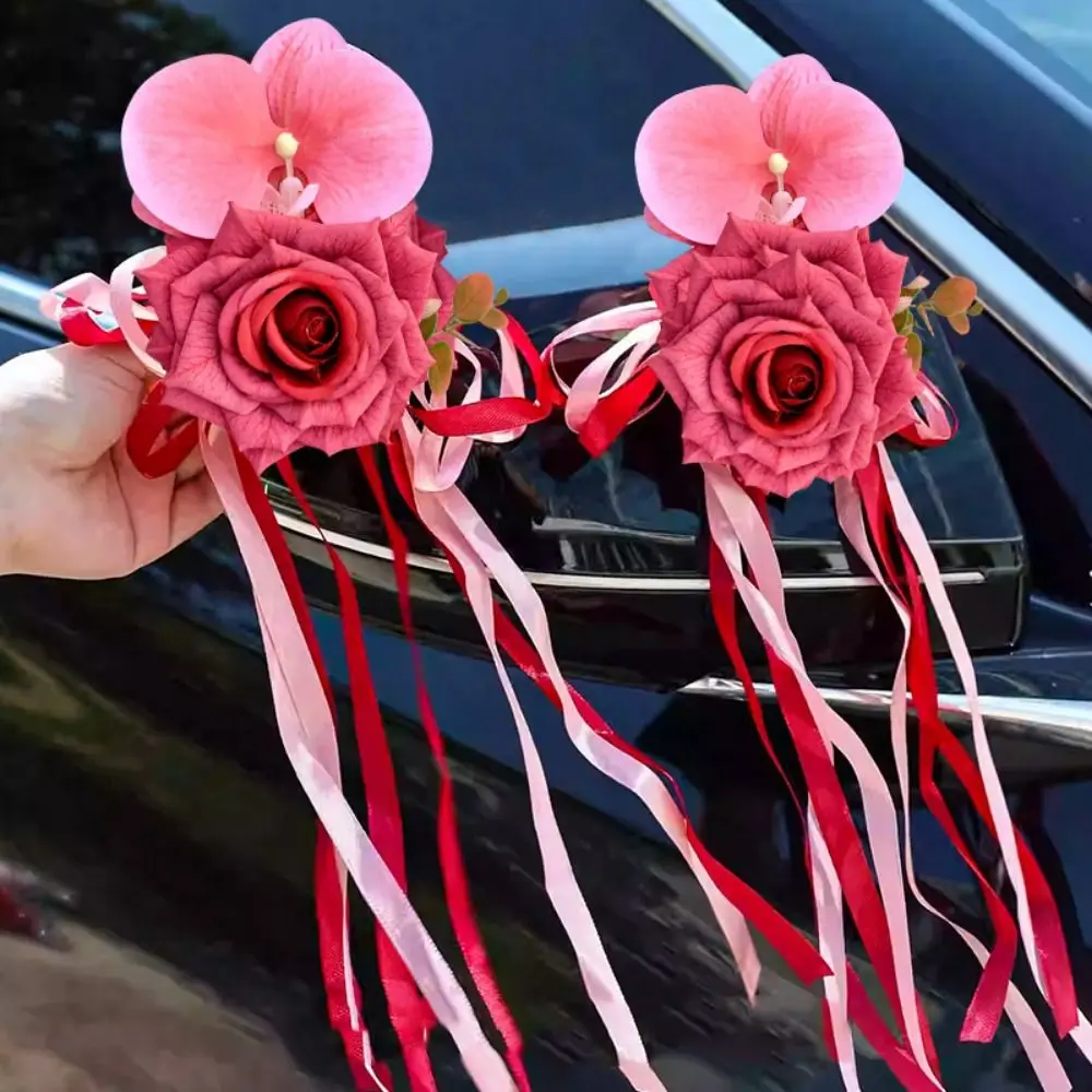 2Pcs Suction Cup Ribbon Wedding Car Flower Bowknot Artificial Wedding Decoration Multi-functional Reusable Bridal Car Decoration