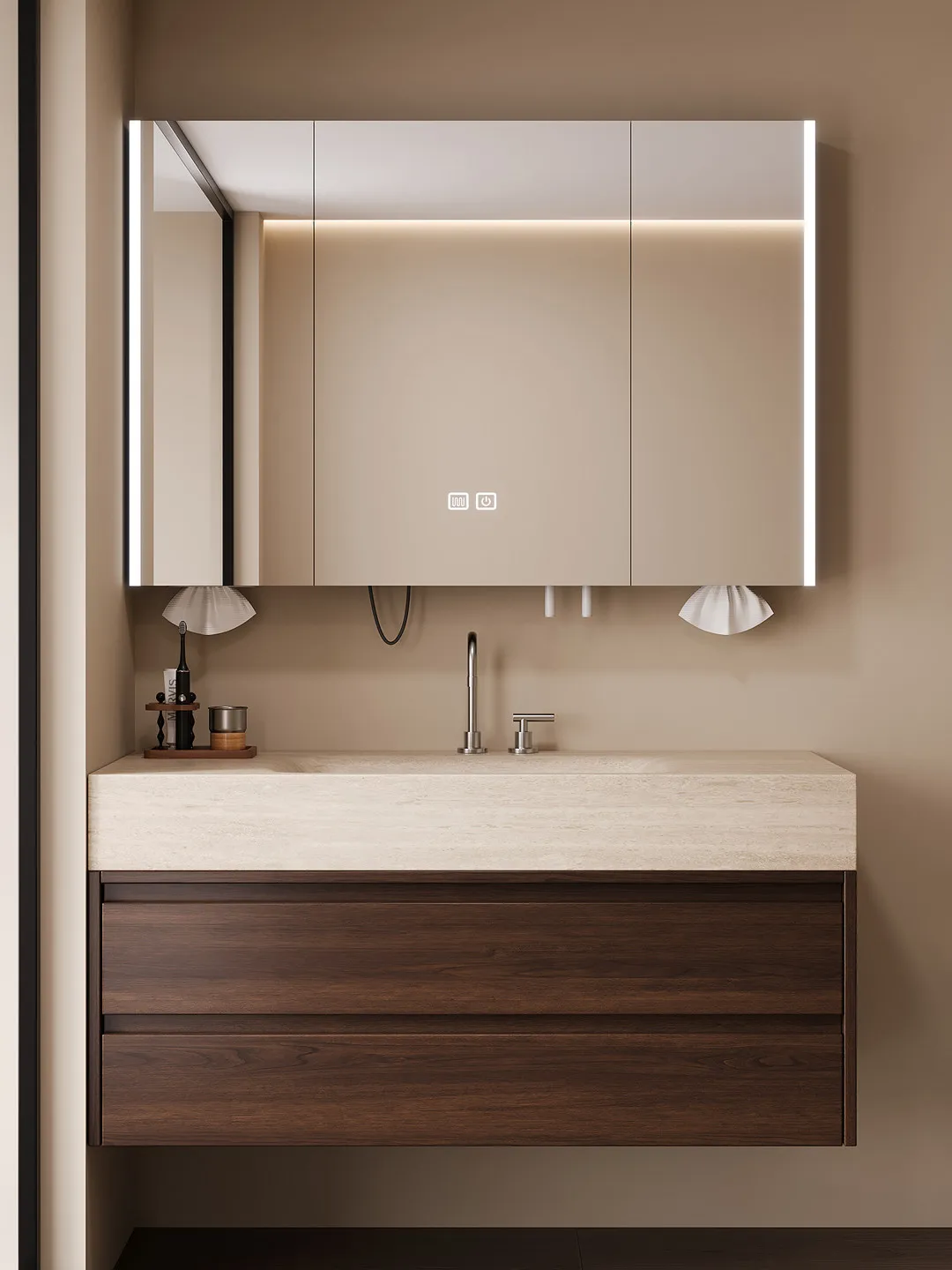 PYH Vintage Style Stone Hot Bending Integrated Basin Bathroom Cabinet Set Red Oak Bathroom and Washbasin