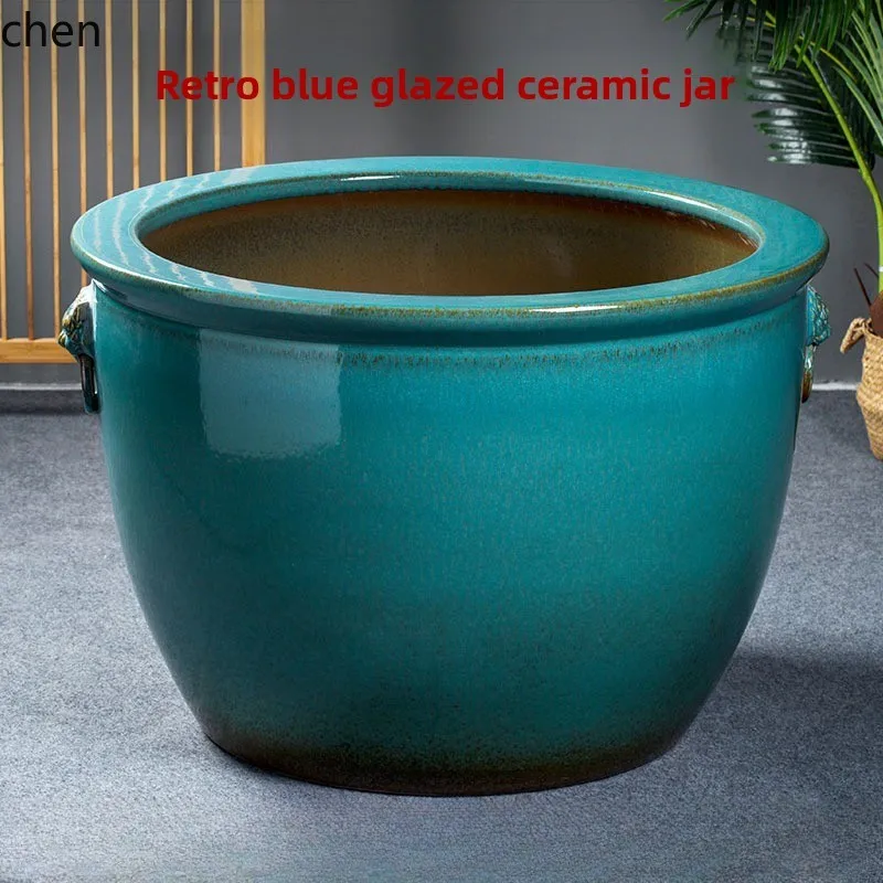 CZ Blue Glaze Lion Ear Vase Lotus  Ceramic Fish Tank Extra Large Antique Lion Head Courtyard Ceramic Large Vase