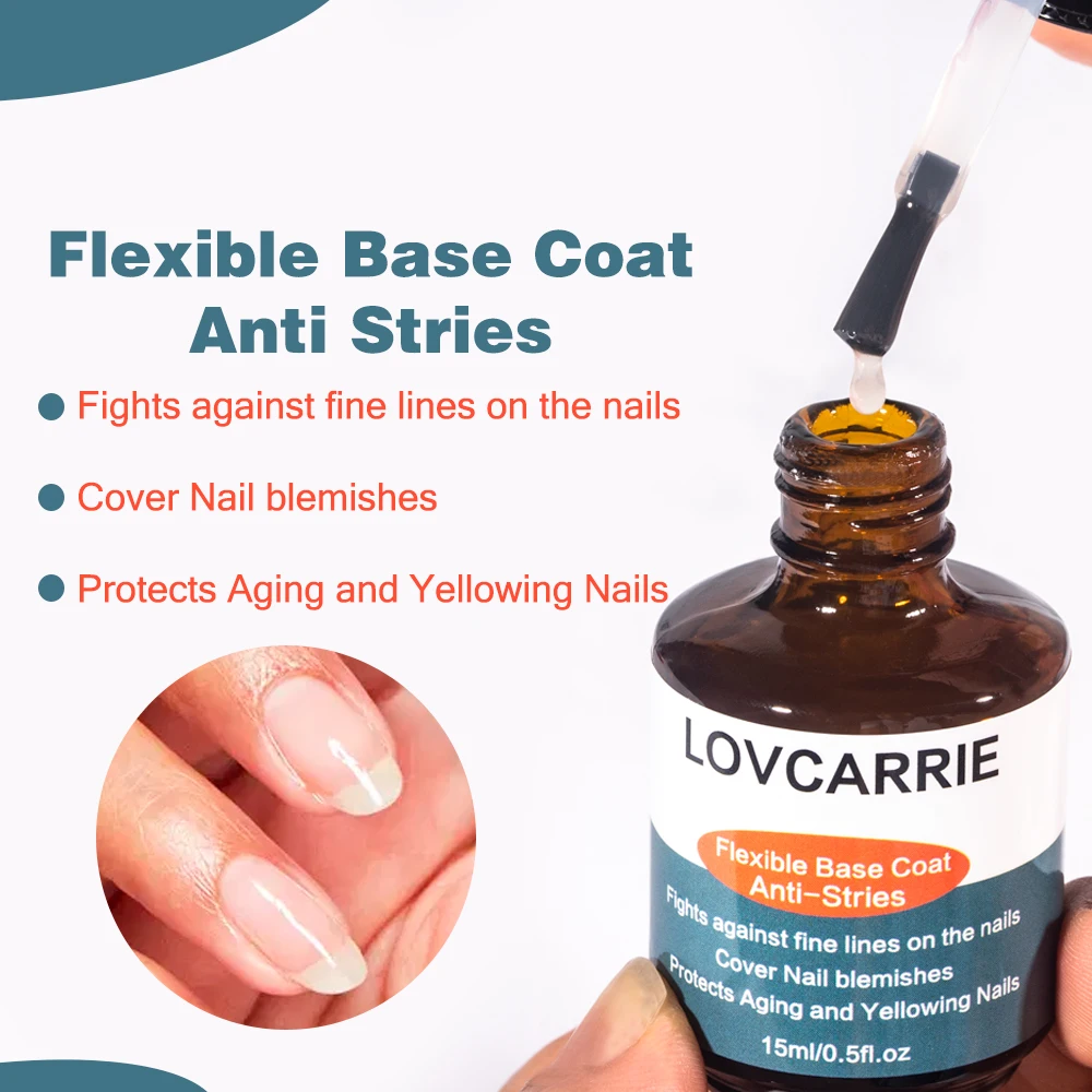 LOVCARRIE Flexible Base Coat Clear Nail Polish Quick Dry Normal Lacquer 15ML Semi Permanent Manicure Strengthener for Repair Art