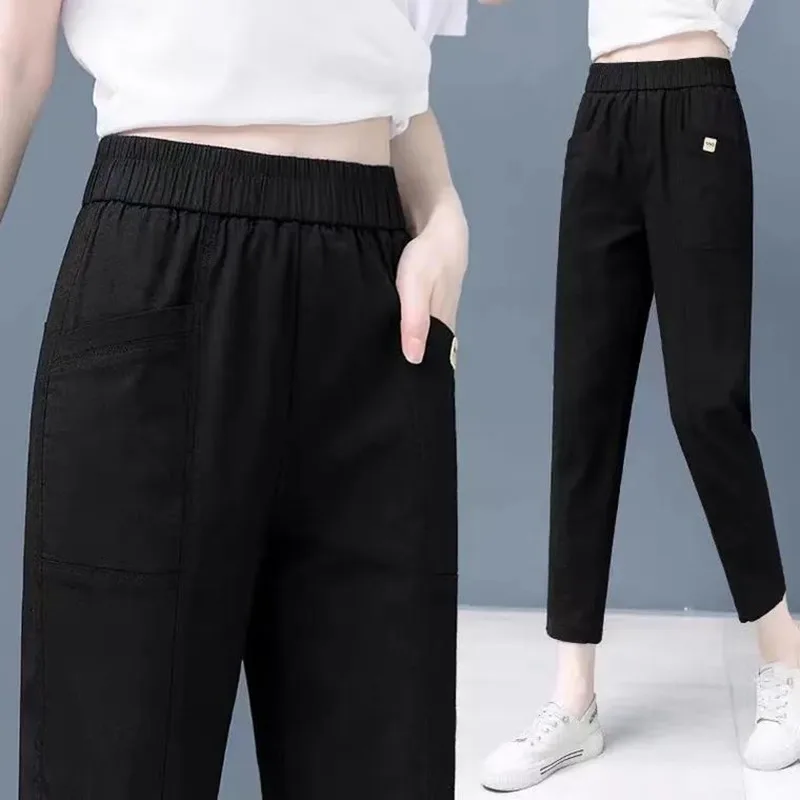 

Летние женские повседневные брюки-харланы с высокой талией, прямые, свободные, укороченные, в корейском стиле, для офиса, коллекция 2023