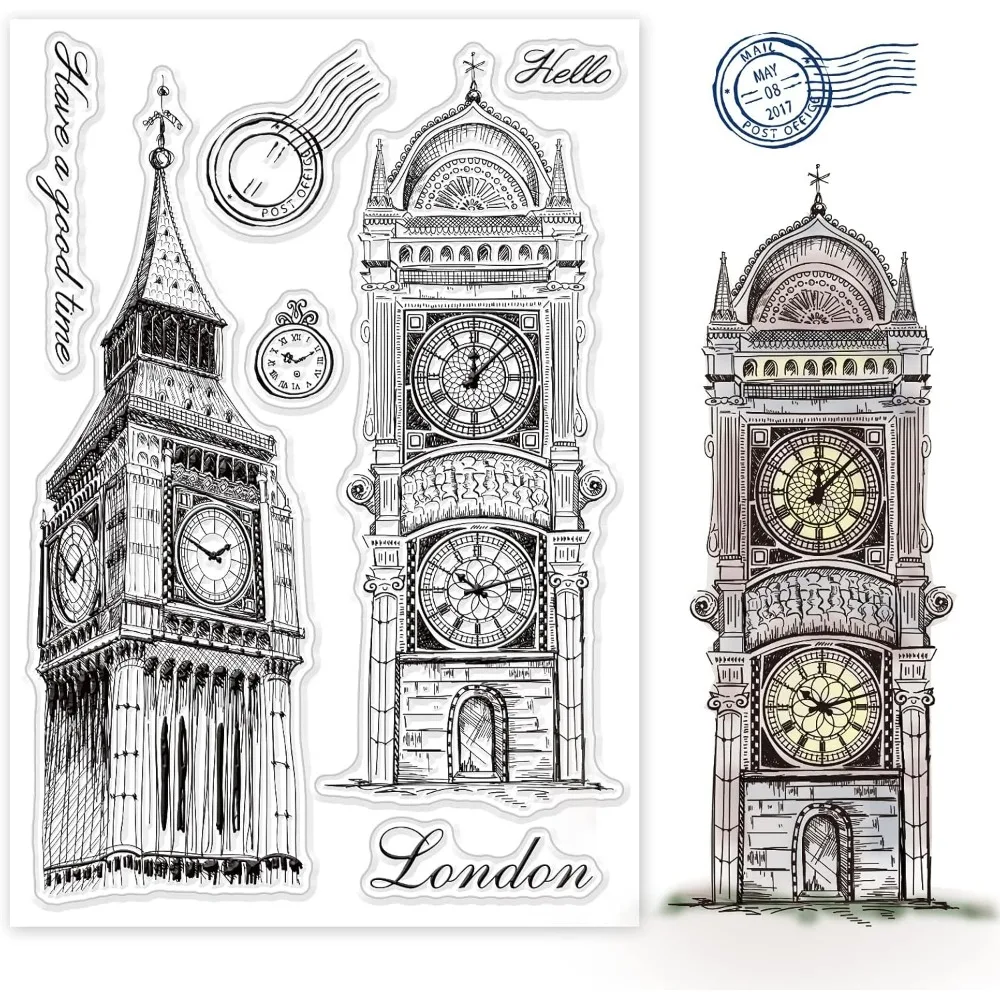 Clock Building Silicone Clear Stamp London Transparent Silicone Postmark and Stamp Watch Rubber Stamp for Scrapbook Journal