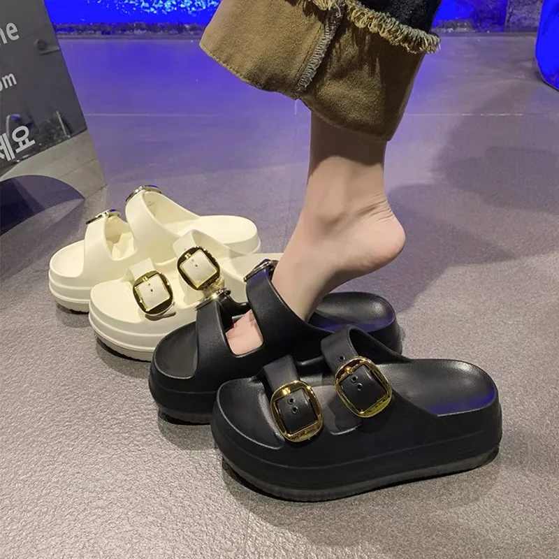 여성용 슬리퍼 단색 한 줄 두꺼운 밑창 미끄럼 방지 및 내마모성 유행 단순 실내 실외 비치 샌들