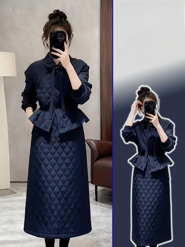 

Комплект: зимняя хлопковая куртка больших размеров и женское платье миди с завязками на талии, роскошный повседневный модный комплект верхней одежды