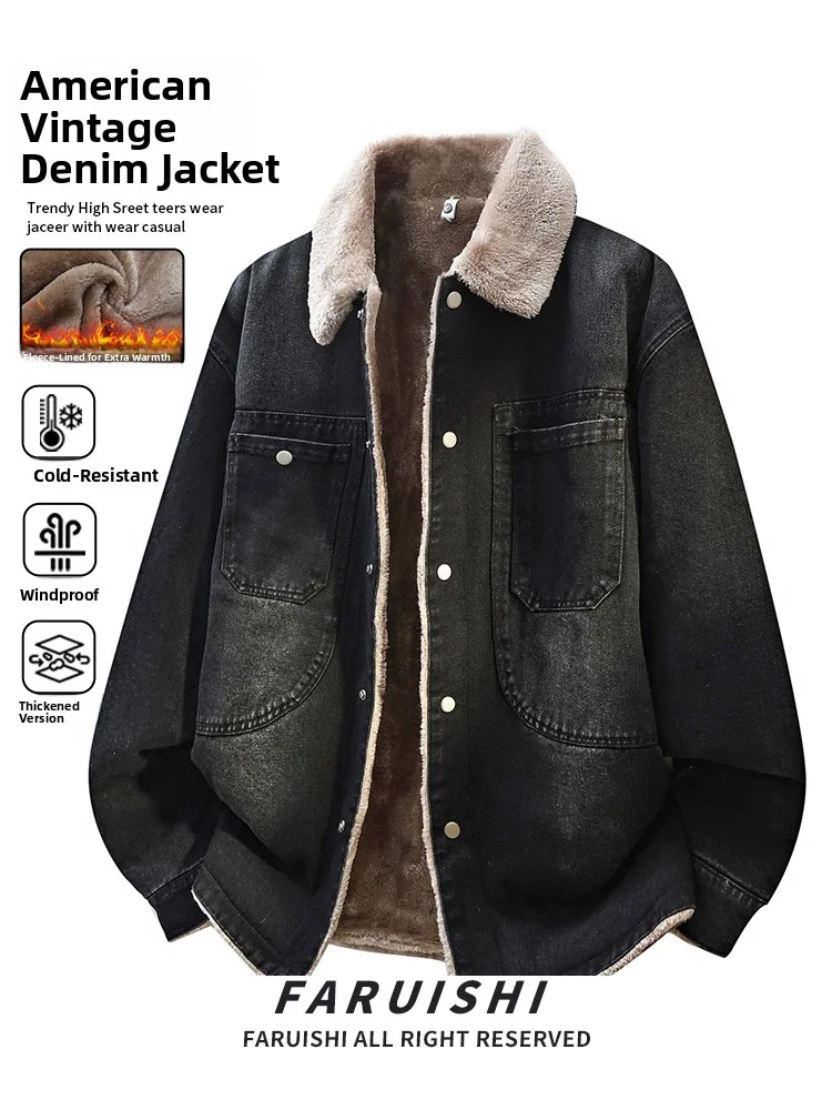 

Thiened Fce Lined Men's Denim Jaet Winter Warm eep Velvet Loose Fit Large Size Jaet Youth Faion Outdoor Wear