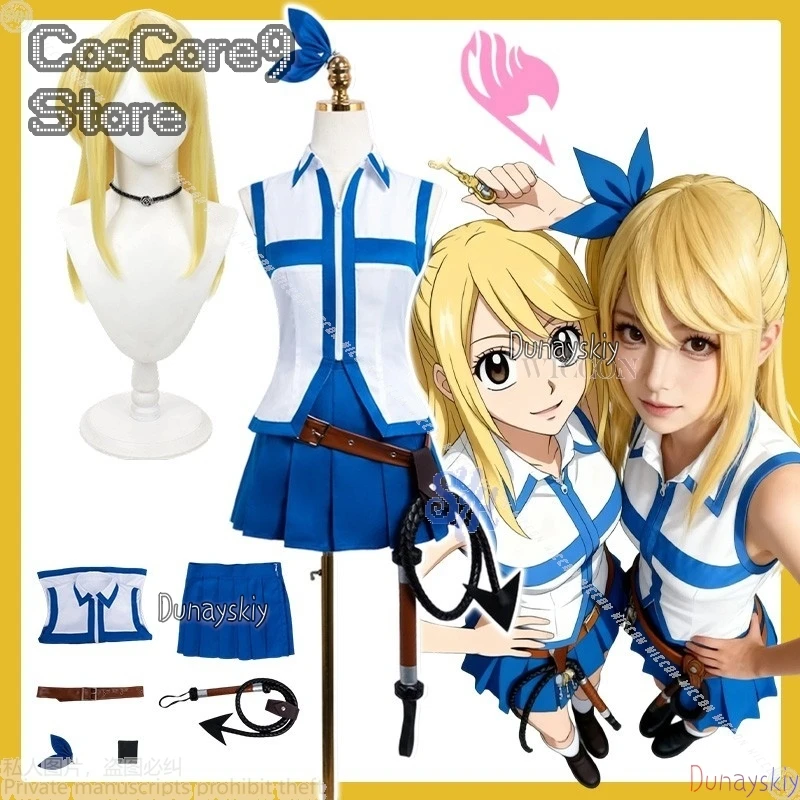

Anime FAIRYYY Cosplay Lucy 할로윈 의상 Sexy Blue White Sleeveless Y2K Cropped Top Mini Dress Props Kawaii Headwear Halloween Party