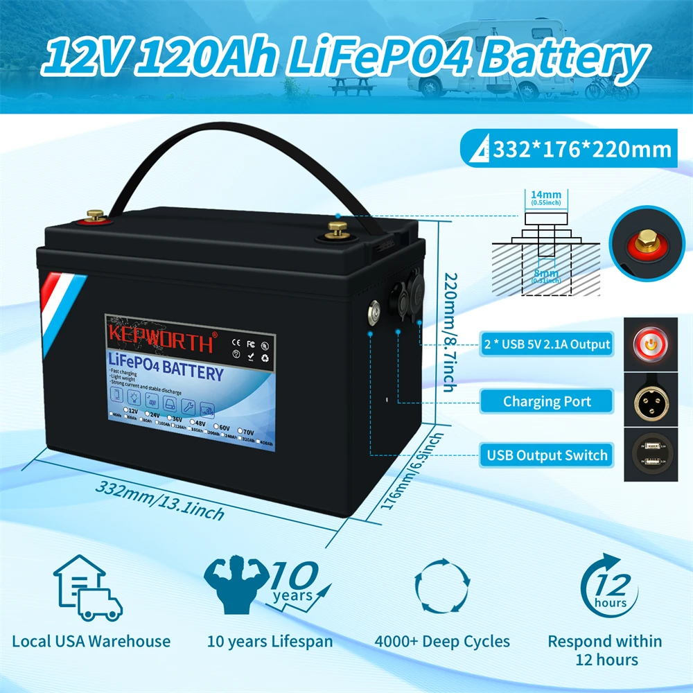 KEPWORTH New 12V 120Ah LiFePO4 Lithium Iron Phosphate Battery 1440Wh For Trolling Motor Solar Van Life Back Up Power & Off Grid