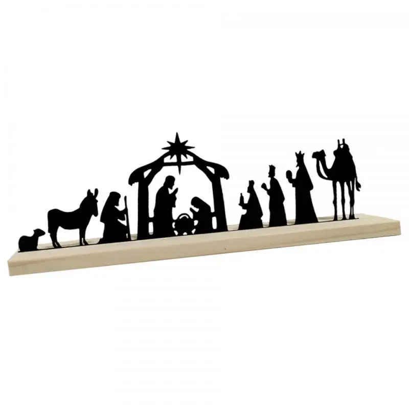 Christmas Nativity Scene Metal Decor Rustic Tabletop Sign with Wooden Base for Interior Decoration and Gift