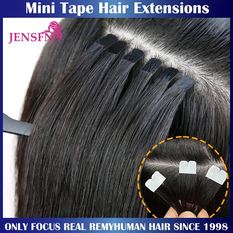 JENSFN-Mini cinta en extensiones de cabello 100% Remy, cabello humano Natural de 16 "-26" pulgadas, cinta de trama de piel de PU recta sin costuras para salón