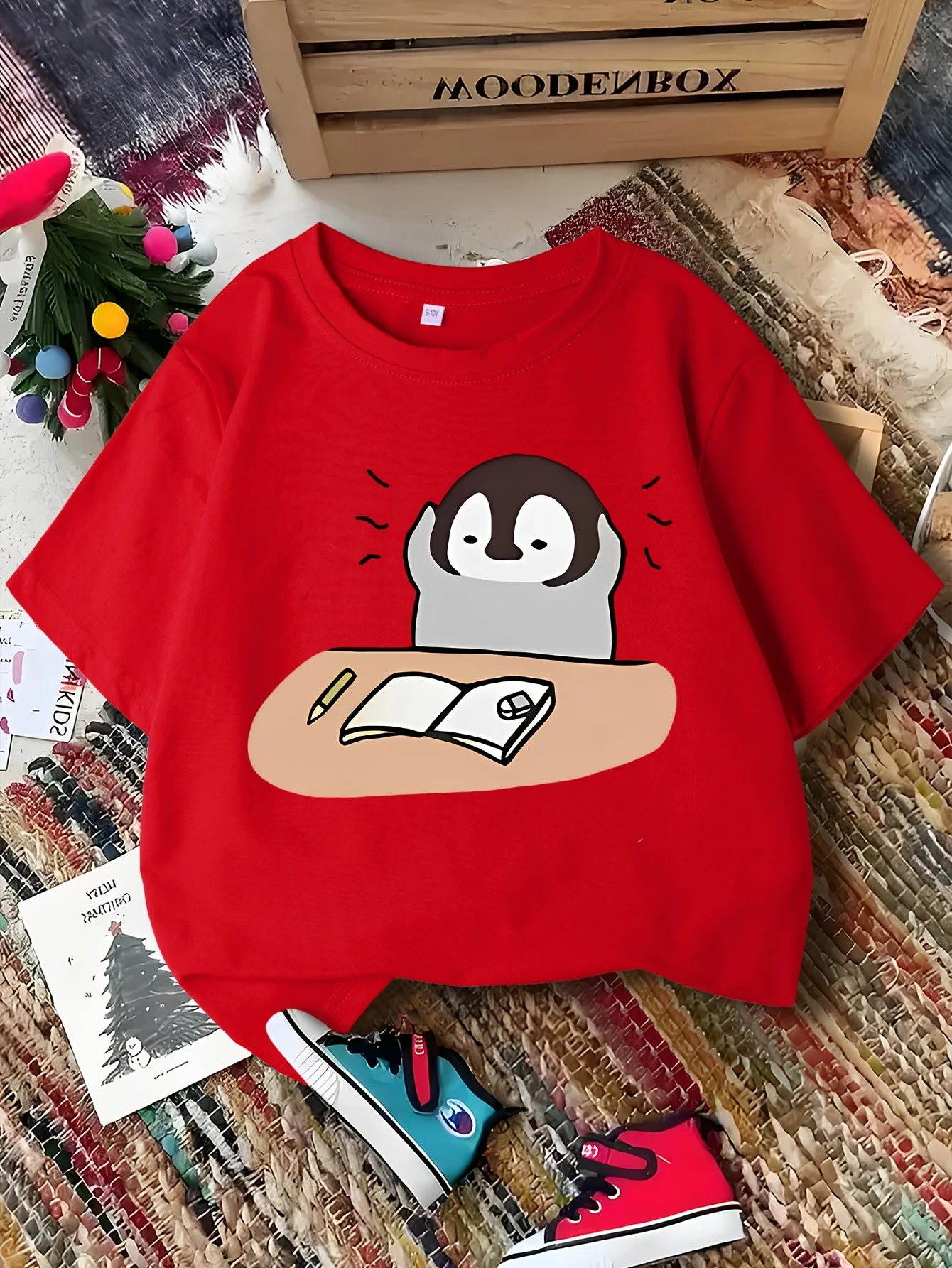 Anxious Studying Penguin Cartoon Print Boys Girls Short Sleeve Tee Match Soft Cotton Kids Student Daily Casual Fashion T Shirts