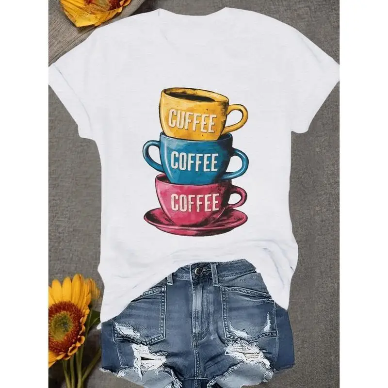 

Men Women Coffee Lover T-Shirt Stacked Cups Print Pullover Funny Coffee Graphic Casual Short Sleeve Top
