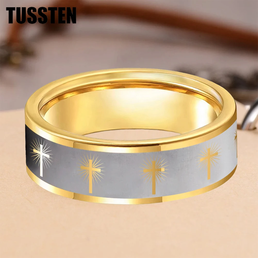 

Dropshipping TUSSTEN 6/8MM Beveled Matte Tungsten Ring Laser Engraved Luminous Cross For Comfortable Fit