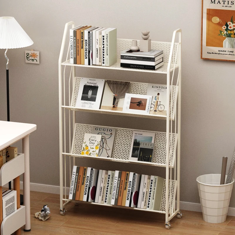 

Modern Iron Rolling Bookcase Multi-tier Metal Storage Rack for Student Kids Study Organizer with Wheels Bedroom Office Bookshelf