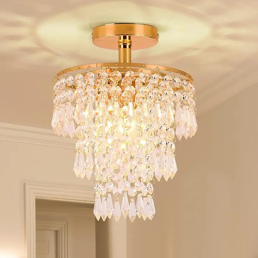 

Crystal Chandelier Modern Flush Mount Ceiling Light 3 Tiers Raindrops Crystal Pendant Lighting Fixture Decoration for Bedroom