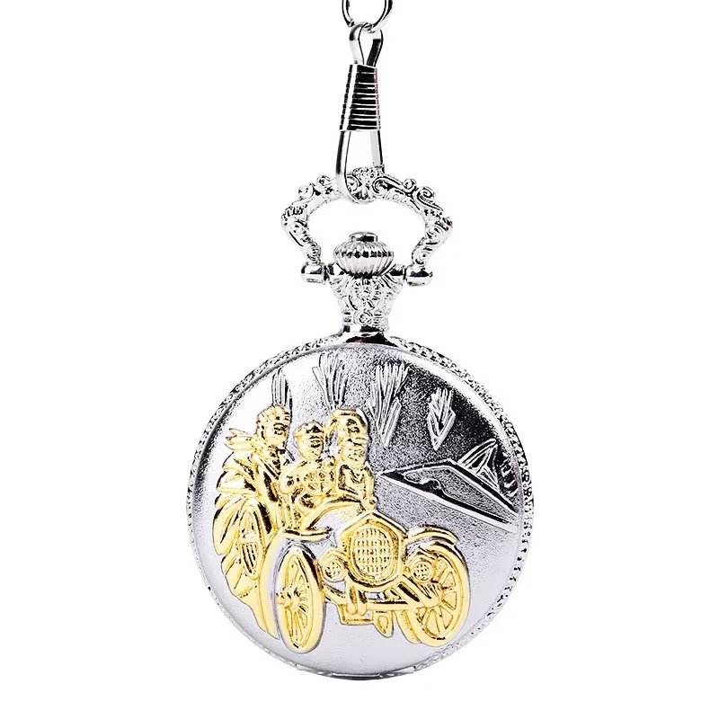 

Classical hot sale silver and gold large thick chain three small people driving retro pocket watch with waist chain