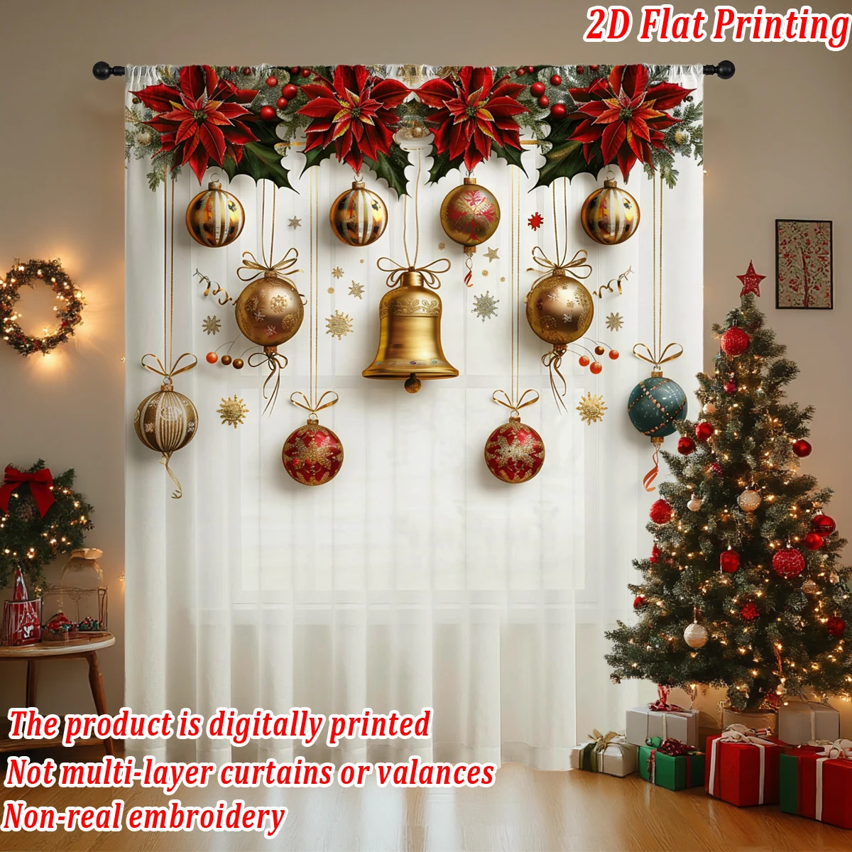 Christmas Flat Printing Sheer Curtain with Christmas for Living Room Bedroom Decor Holiday Party