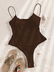 ZRTAK Brown One Piece Swimsuit Female Swimwear 2024 Brazilian Monokini Swimming Suit Beachwear High Cut Brown Bathinghwear