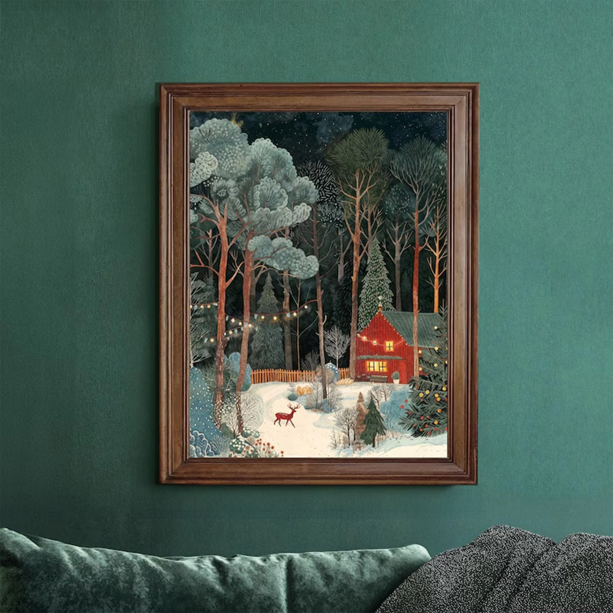 Retro Whimsical Winter Cabin Christmas Wall Art Print Canvas Painting Poster Picture For Living Room,Bedroom Home Decor