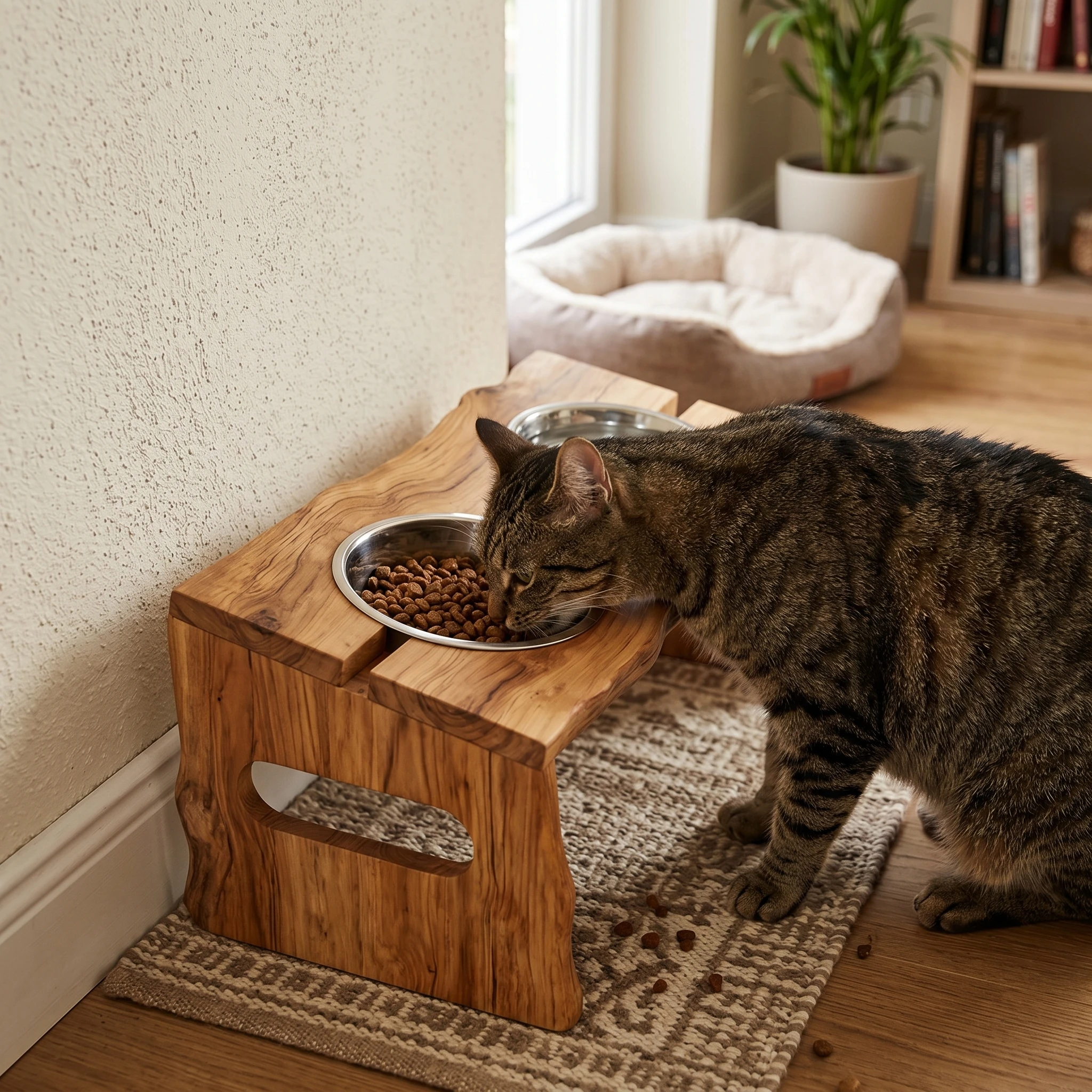 Modern Rustic Wood Pet Feeder Stand, Raised Double Bowl Station for Cats & Small Dogs, Natural Home Decor Style