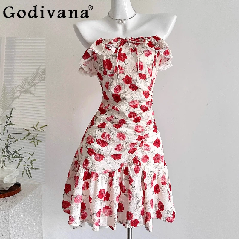 

Spaghetti Strap Vacation Dress for Women Summer Brightening Retro Red Floral Dress Girls Beautiful Flutter Sleeve Dress