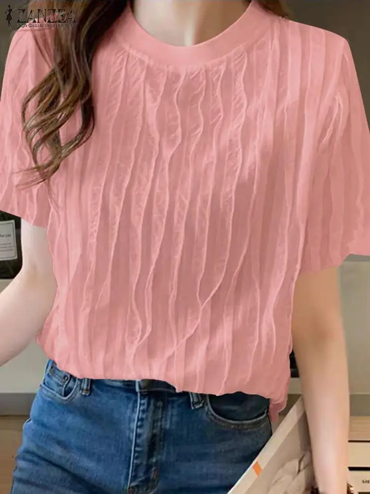 ZANZEA Korean Women Solid Blouse Fashion Textured Fabric Basic Tops 2024 Summer Short Sleeve Tunic Elegant Loose Pleating Blusas