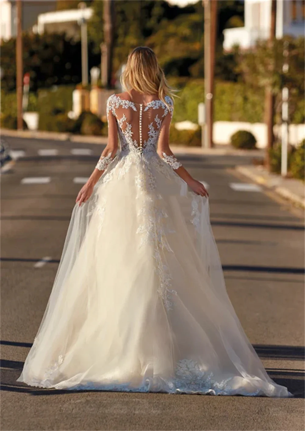 Flavinke Maßgeschneiderte elegante charmante Ärmel Illusion Spitze Applikation Brautkleid in A-Linie Brautkleider 2025, Vestido De Noiva