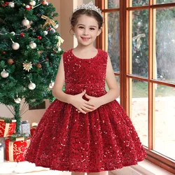 New Christmas Girls Party Dress Sleeveless Sequin Fluffy Princess Dress Korean Velvet Halloween Dress