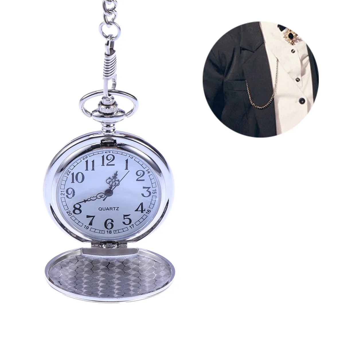 ステンレススチールシルバーポケットウォッチ男性用機械式ムーブメントヴィンテージデザイン12時間ラウンドダイヤルアラビア数字取り外し可能