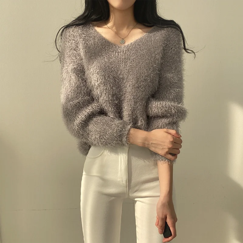 Women V Neck Oversized Sweater Solid Korean Pullover Autumn Winter Loose Thick Furry Warm Sweaters For Women Jumpers Mohair Top