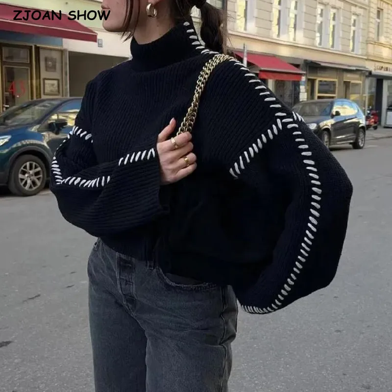 2023 CHIC Women Black Contrast White Binding Knitted Mock Collar Sweater Vintage Long Sleeve Pullover Knitwear Loose Jumper