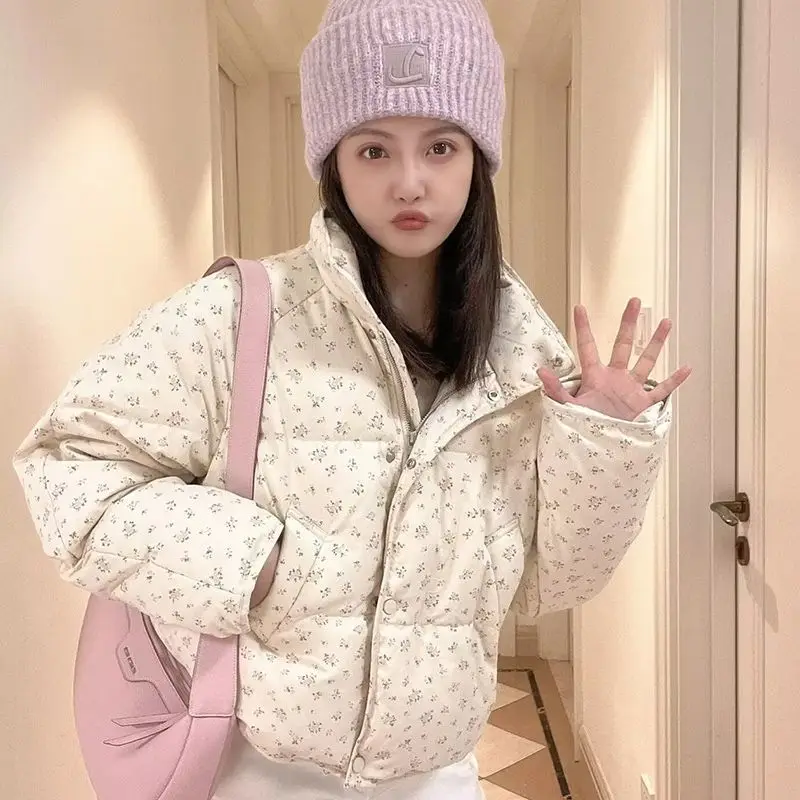 

Women Cotton Coats Cute Sweet Printed Florals Elegant Loose Thicken Padded Jacket Autumn Winter Warm Femme Tops Coat Outer Wear