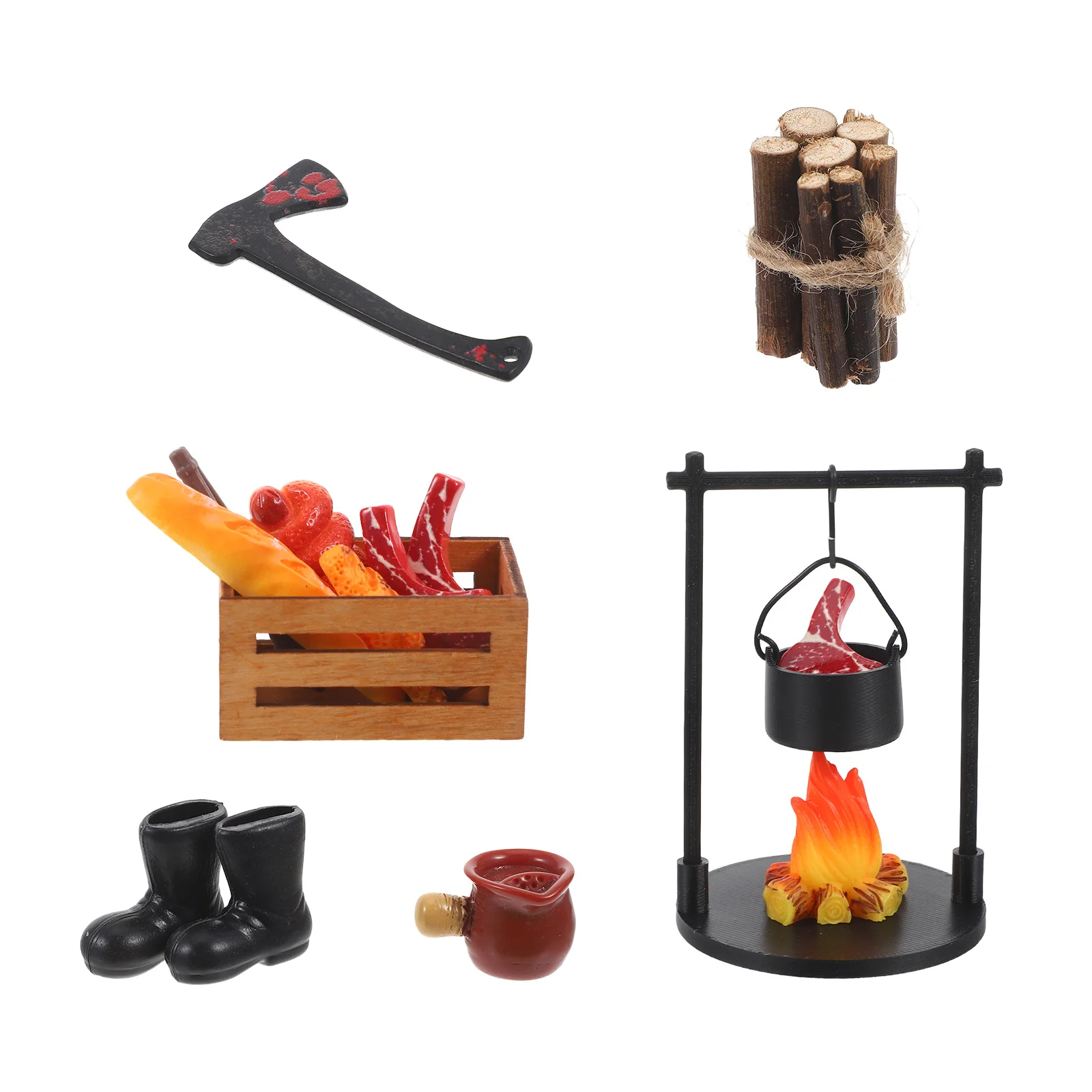

1Set Mini Campfire Ornament Resin Bonfire Fake Steak Cooking Set Mini Wood Stove Pretend Play Kitchen Dollhouse Outdoor Micro
