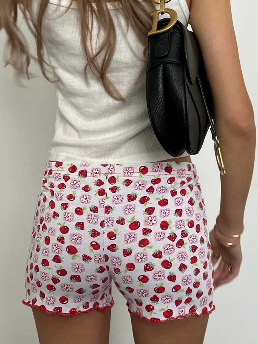 Women Summer Kawaii Shorts Casual Strawberry Cherry Floral Print Elastic Waist Shorts Pants Aesthetic Clubwear Streetwear