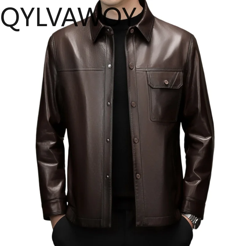 

QYLVAWOY Leather Jacket Man Real Sheepskin Leather Coat Slim-fit Jackets Lapel Jackets for Man Casual Jaqueta De Couro Fashion