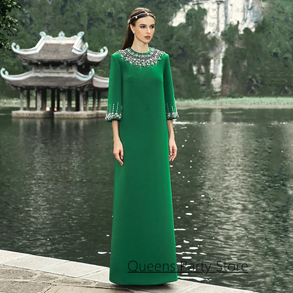 Dubai Emerald Green Evening Dress Customized Round Neck 3/4 Sleeves Beading Stones Straight Floor Length Sau Prom Gown for Party