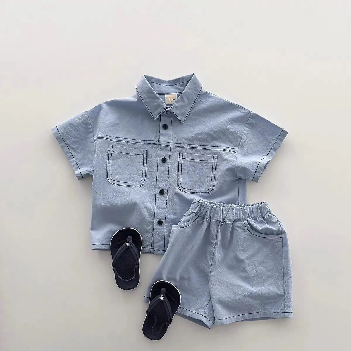 

2026 Summer New Cute boys Girls thin denim Clothes Set children denim Lapel Shirts + Shorts 2pcs Suit solid Toddler Outfits