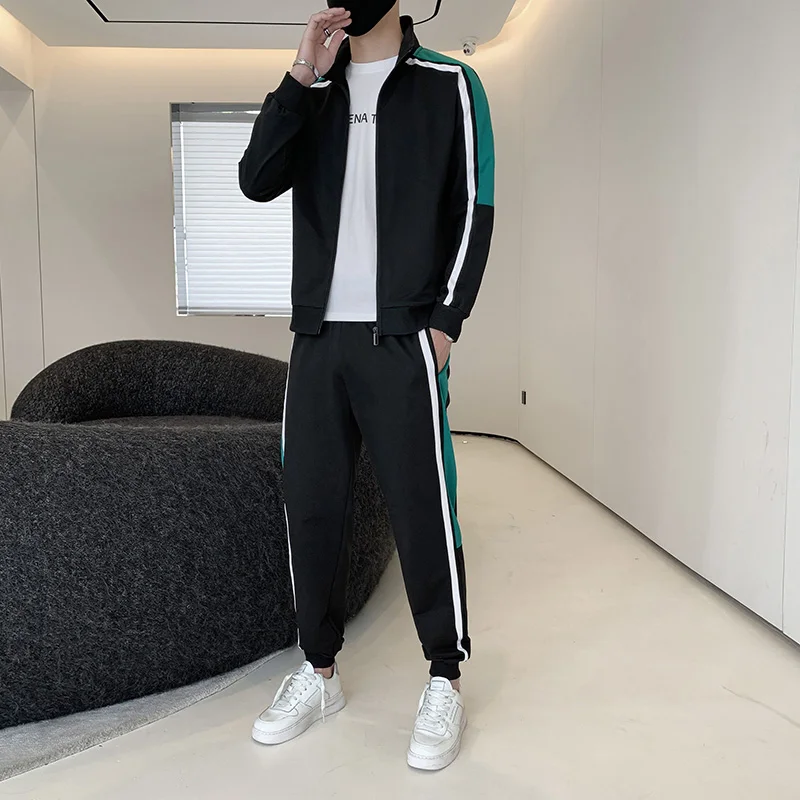 

Men's Casual Color Blo Set Autumn Winter Bla een White Splice Stand Collar Jaet Cuffed Pants Two Piece Set Spring Aut...