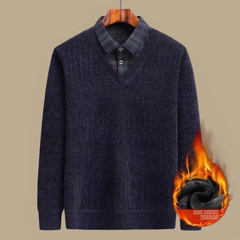 

Thiened Fce, осенне-зимний вязаный свитер, теплая основа, мужской повседневный свитер среднего возраста из полиэфирного волокна, длинный...