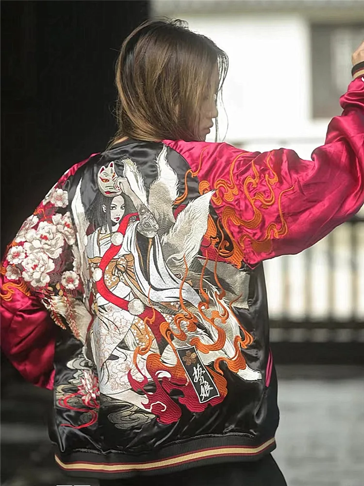 

High Street Men Boys Streetwear Nine Tailed Fox Embroidered Loose Sukajan Souvenir Jacket Coats Fashionable Vintage Hip Hop