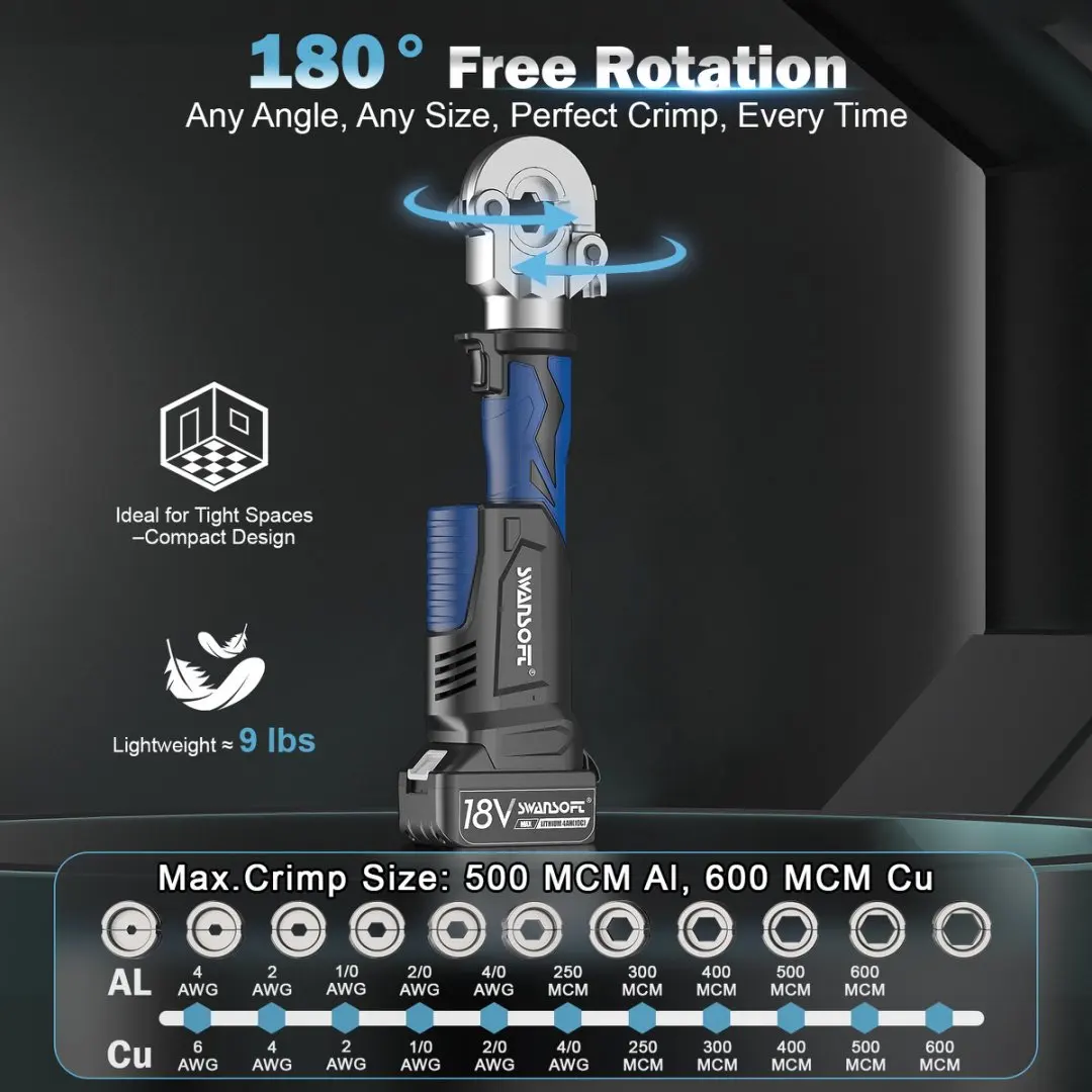 SWANSOFT 6Ton Electric Hydraulic Crimping Tool 6AWG-600MCM Hydraulic Wire crimper for Cu/Al Terminal Wire Cable Lug Crimping Tool Kit with 11 Dies 18V 4Ah Battery